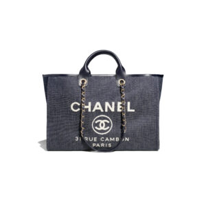 Chanel Maxi Shopping Bag denim & gold-tone metal dark blue & white